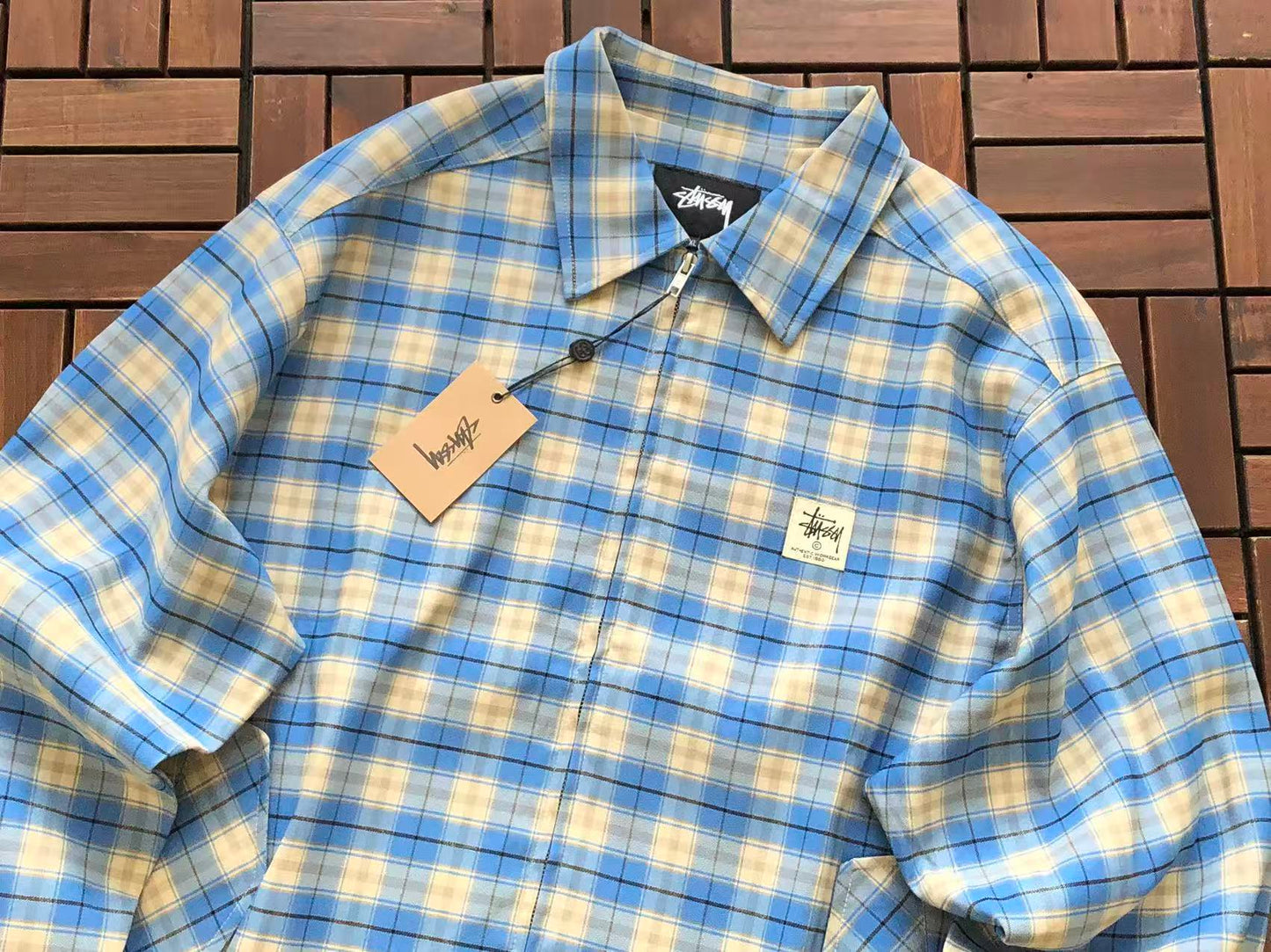 STUSSY BLUE PLAID COLLARED COACH JACKET