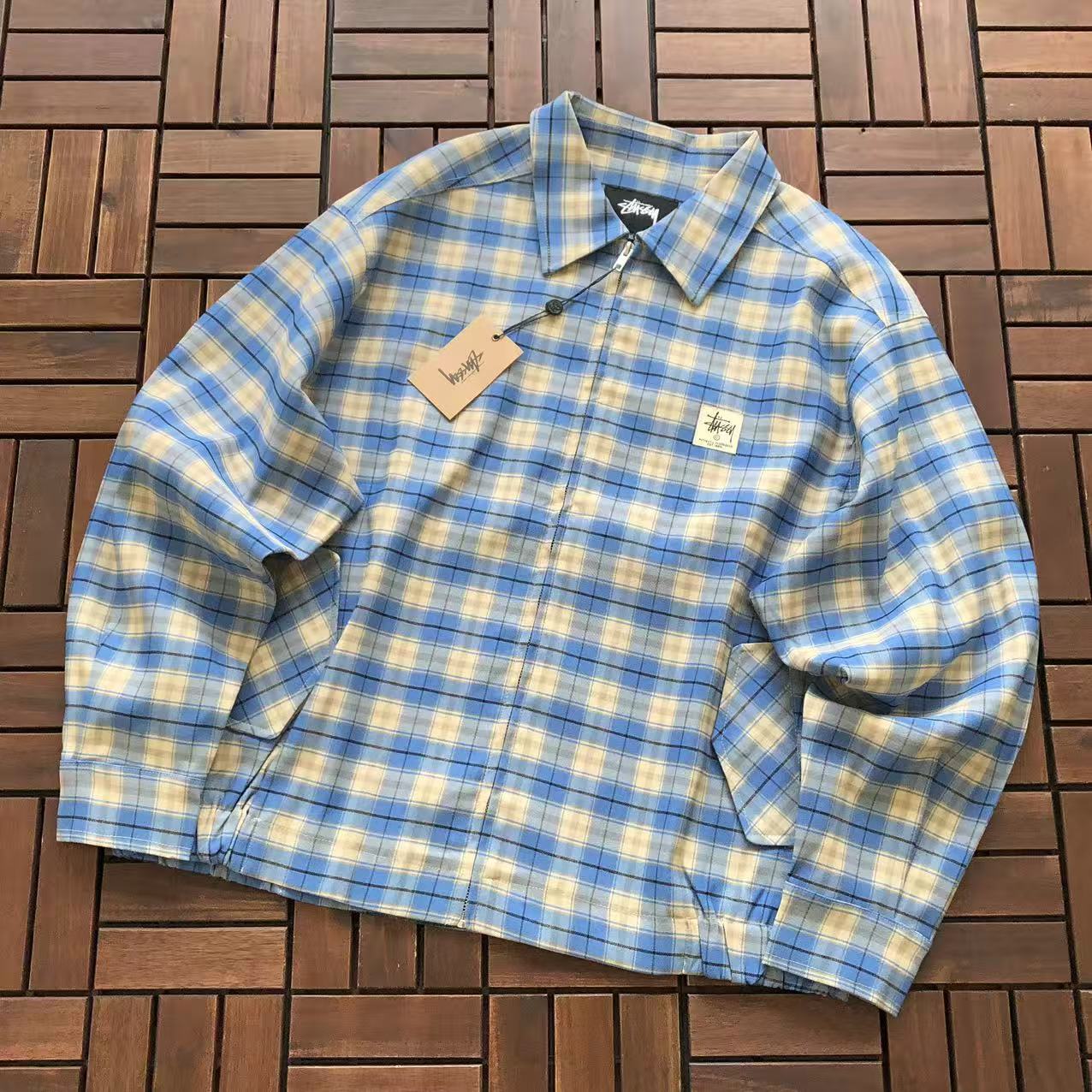 STUSSY BLUE PLAID COLLARED COACH JACKET