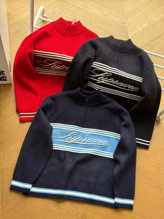SUPREME SCRIPT STRIPE HALF ZIP SWEATER