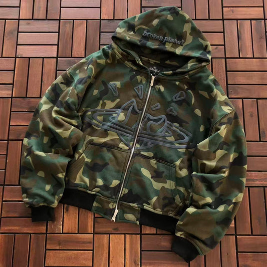 BROKEN PLANETS CAMO ZIPPED HOODIE